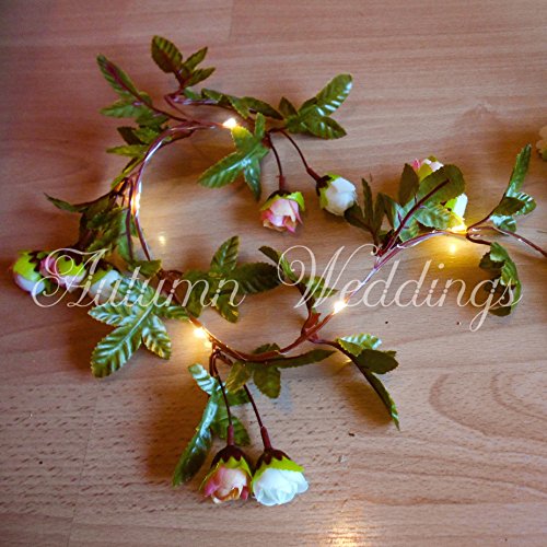 Pale Pink Rose Fairy Lights / String Lights / Garland with Lights - Wedding Decorations - AA Battery Powered - Indoor Leaves - Rose Garland - Flower Garland with Lights - Fairy Lights Bedroom