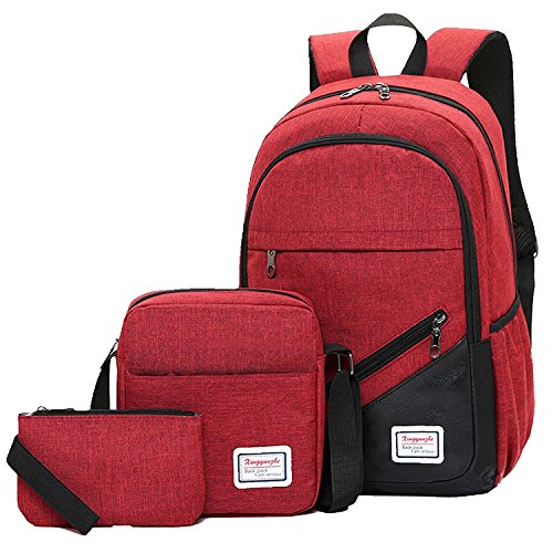 Preisvergleich Produktbild Lounayy 3 Teilig Rucksack Unisex Schulrucksack Backpack Daypacks Schultasche Schultaschen + Umhängetasche + Mäppchen Canvas Freizeitrucksack Jungen Herren Und Damen (Color : Rot)