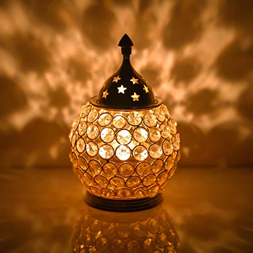 Collectible India Akhand Diya Decorative Brass Crystal Oil Lamp Tea Light Holder Lantern Oval Shape , (Medium)