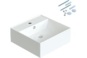 AQUALAVOS Aufsatzwaschbecken Aufsatzbecken Waschbecken aus Keramik 40,5x40,5x14,5 cm Gästebad eckig mit Überlauf und Hahnloch Handwaschbecken weiß klein Gäste wc ultradünner Rand Wandmontage