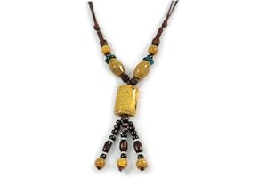 Avalaya Dusty Yellow Ceramic, Brown Wood Bead with Silk Cords Necklace - 56cm to 80cm Long/Adjustable