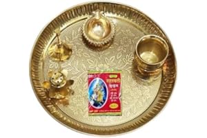 BRACOP® Brass Pooja Thali Hindu Aarti Thali Pooja Samagri Home Decorative Embossed Serving Plate Puja Plate Religious Items Temple Accessories Round Platters Gifts Set Of 5 Pcs Hindu Gift