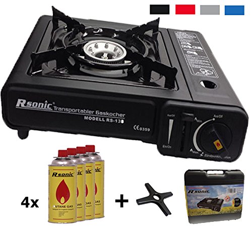 Portable Campingkocher 2,3 KW Gaskocher mit 4X Gaskartuschen + Phönix PH-K01 Gasherdkreuz 12x12 cm + Koffer