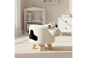 HODGE AND HODGE Wooden Animal Stool - 30cm Cow Design, Plush Faux Fur Seat with Removable Washable Cover, Child-Safe Durable Wooden Frame, Decorative Chair for Kids, Lightweight and Easy to Move
