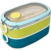 Vagonlife Bento 1300ml Lunchbox 2 Katlı 3 B&ouml;lmeli Paslanmaz &Ccedil;elik Sefer Tası Yemek Kutusu (Mavi-Fıstık Yeşili)