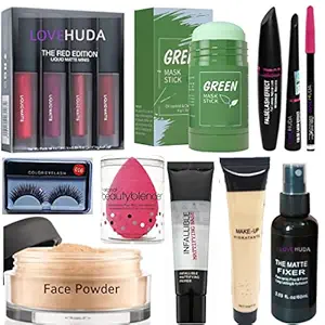 LOVE HUDA Professional Combo Green Mask Stick, Infallible Primer, Eyeliner, Mascara, Eyebrow Pencil, Red Edition lipstick, Makeup Hidratante, Eyelashes,Fixer, Loose Face Powder With Makeup Blender Set Of 14