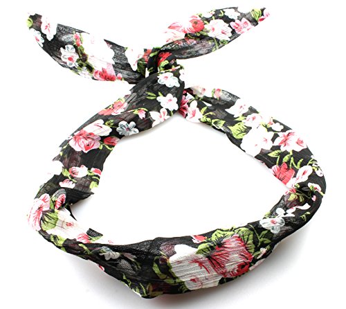 Wire Headband Retro Wired Head Scarf Rockabilly Wire Hair Band Head Wrap Vintage[Black Medium Floral]