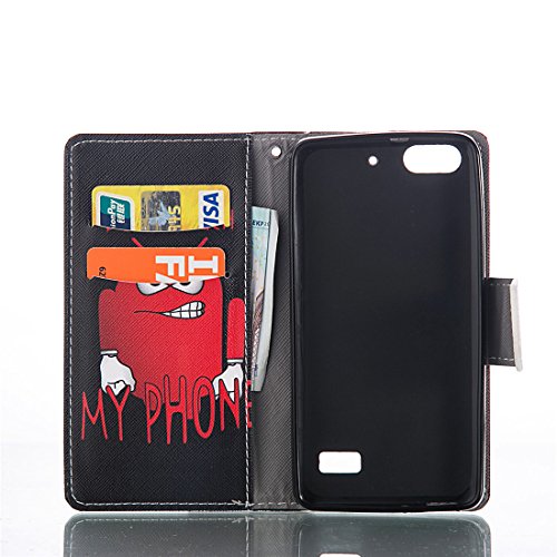 Nancen Huawei G Play Mini / Honor 4C (5 Zoll) Ledertasche / Handyhülle, Bookstyle Flip Case Folio Cover PU Leder Wallet Etui Handy Zubehör Lederhülle Schutzhülle – mit Standfunktion Magnetverschluss Brieftasche und Karten Slot [Rot roboter – Don’t touch my phone] - 5