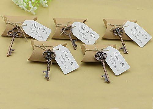 50pcs Wedding Favours Candy Box w Skeleton Key Bottle Openers Escort Cards Thank You Tag Pillow Box (Key Style - Mixed Copper)