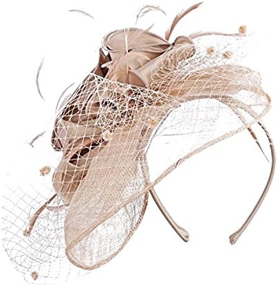 Janeo Cecelia Fascinator, Voluminous Swirls Bows & Roses in Satin Fabric on a Wide Brim Sinamay Fabric Contoured Base, Net Veil & Feathers,Off White,Champaign,Porcelain Blue,Electric Blue & Aqua Jade