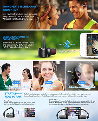 SoundPEATS Q16- Auriculares inal  mbricos con Bluetooth sin cables V4 2  modo est  reo y cascos deportivos con micr  fono y base de carga para correr y hacer ejercicio  color negro
