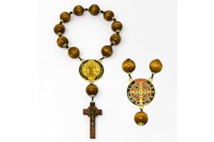 Catholic Gift Shop Decade Door Rosary - St Benedict Decade Rosary with Large Wooden Beads, St Benedict Medal & Lourdes Prayer Card