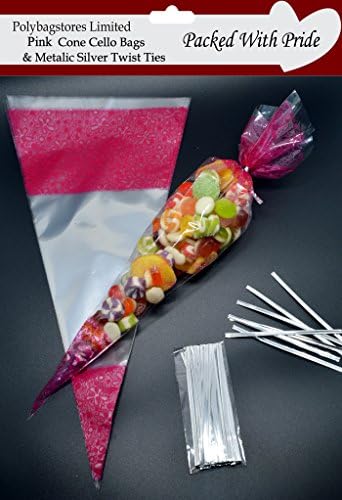 50 PINK CELLO / CELLOPHANE / SWEETS / CONE BAGS / IDEAL FOR A PARTY WITH 4" SILVER MEATLIC TWIST TIES