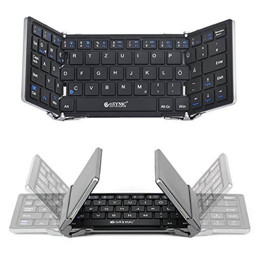 Faltbare Bluetooth Drahtlose Tastatur mit QWERTZ Tastaturlayout für Apple IOS iPad Air iPad Mini iPad 4 Mac Linux Windows Microsoft Surface Pro3 Android Samsung Galaxy Tablet PC Smart Phone - Schwarz und Silber