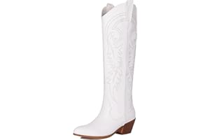 COOLCEPT Women Knee High Cowboy Boots Embroidered Chunky Stacked Heel Cowgirl Boots Pull on