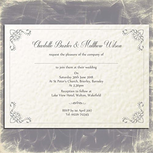 10 Wedding Invitations with Envelopes, Personalised, Elegant Vintage, Ivory hammered card.