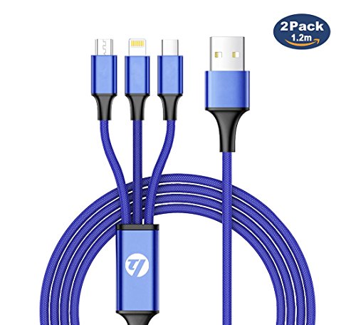 3-in-1 USB Typ-C Ladekabel-Lebenslange Garantie-TUOYA Multi 3-in-1 Lightning & Micro USB Nylon Geflochtenes 2A Ladekabel mit 8 Pin Ligtning / Typ C / Micro USB Stecker für iPhone iPad, Type C und Android Smartphones (2xBlau)
