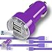 Produktbild iTALKonline Samsung Galaxy A3 SM-A300F Lila Raschen 2000 mAh Kompakte Einschuss DOPPEL Kleine schnelle Reisen DC 12V / 24V Auto Ladegerät USB Adapter mit 2 x 1 Meter flachen Daten Sync PC Laptop Ladekabel
