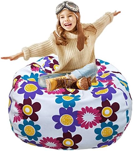 Kid's Stuffed Animal Storage Bean Bag Chair with Extra Long Zipper, Carrying Handle, Small Size at 30", 100% Sturdy Cotton. Excellent Solution for Toys and Clothes, Available For Boys And Girls - Flower