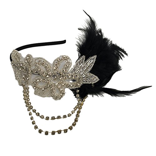 MagiDeal Retro Black Feather Headpiece Flapper Chain Flower Hairband Great Gatsby Headband 1920s for Fancy Dress Party
