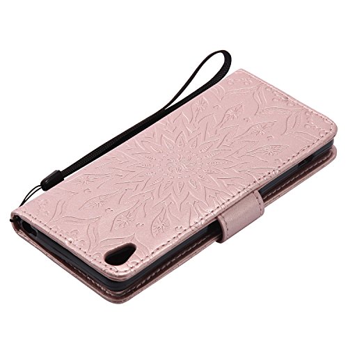 Sony Xperia XA Hülle,Sony Xperia XA Leder Sonnenblumen Hülle,Sony Xperia XA Lanyard Wallet Schutzhülle,BONROY® Retro geprägte Sonnenblumen Muster PU Leder Flip Hülle Wallet Case Tasche Cover Handytasche Schutzhülle Lederhülle Handyhülle in Book Style Stand Case mit Kredit Kartenschlitz für Sony Xperia XA-Rose Gold - 4