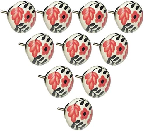 Handmade Knobs Sale - Set of 10 White and Orange Flower Ceramic Knobs Handmade Design Drawer Knob / Cabinet Pulls / Handles - Home Decor Accessories