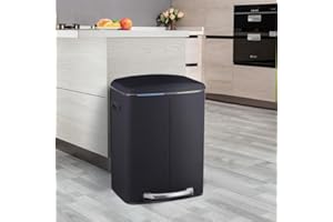 STARNINE 40L Dual Compartment Recycling Bin 2 Section Stainless Steel Kitchen Bin Waste Pedal Dust Bin Soft Closing Lid Finger Print Proof Removable Inner Compartments (Black)