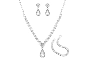 FDEETY 3 Piece Wedding Bridal Jewellery Set Combo Donna Metallo con Diamanti Collana Orecchini Bracciale Combo Modelli Moda Pendolare Luce Stile Lusso