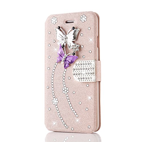 For iPhone 5s Case,L-FADNUT Bling Jewellery Crystal Rhinestone Flip PU Leather Case,3D Butterfly [Magnetic Diamond Buckle] with Stand Wallet Card Holder For iPhone 5/5s - Rose Gold
