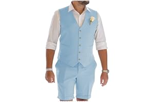 TUIKAYOO Men's Linen Suit 2 Pieces Prom Tuxedos Summer Beach Wedding Party Vest Short Pants