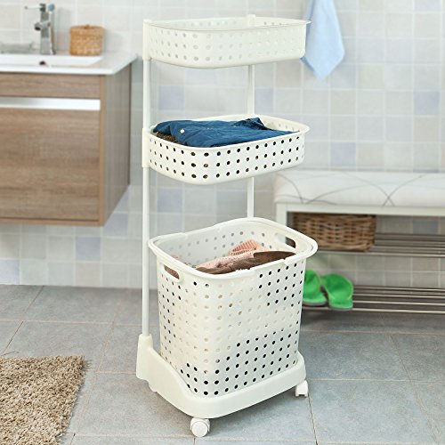 SoBuy Wäschewagen, Badregal, Aufbewahrungswagen, Wäschesammler, Wäschebox, Wäschekorb mit 3 Körben, FRG31-W - 5