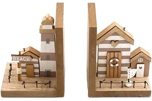 SIFCON INTERNATIONAL PLC Shabby Chic Wooden Nautical/Beach Hut Themed Bookends - Natural/White - 13 cm