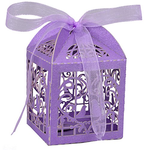 tankerstreet 50 Candy Box Hohl Rosen Blumen Birds mit Bändern Geschenk Box Tasche Braut Dusche Hochzeit Geburtstag Party Supplies Gastgeschenken (lila) - 3