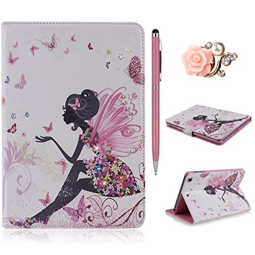 iPad mini Schutzhülle - Felfy Ultra Slim Flip Leather Case für / Apple iPad mini mini 2 mini 3 Tablet / Leder Hülle Etui Cover Handytasche / Bling Luxus Glitzer Glanz Steine Rhinetone Einfach Edel Fairy Fee Mädchen Girl Elf Blume Stil / 1x Rosa Flower Anti Dust Plug / 1x Pink Stylus