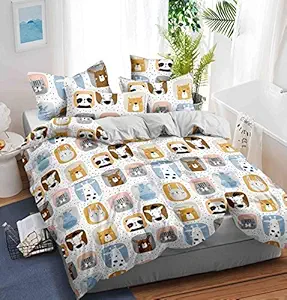 Fablicious Animals Print Cartoon Bedsheet for Kids Double Bed Boys / Girls - Sheet Size 90 x 100 with 2 Pillow Covers
