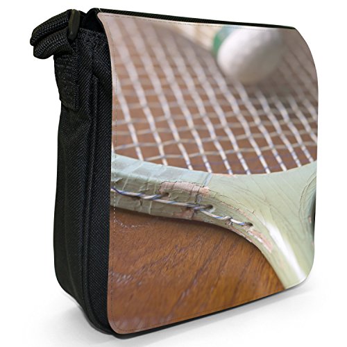 Old Wooden Badminton Racket & Feather Shuttlecock Small Black Canvas Shoulder Bag / Handbag