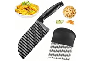 Riybyds 2 Pièces Ensemble Légumes Ondulés en Acier Inoxydable, Couteau à Frites Ondulées, Coupe Patate en Acier Inoxydable, Couteau à vagues à frites, Poignée Antidérapante