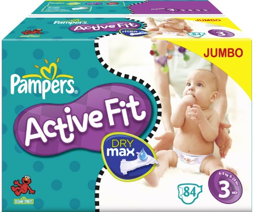 Pampers Active Fit Size 3 Midi Nappies - 2 x Jumbo Packs of 84 (168 Nappies)