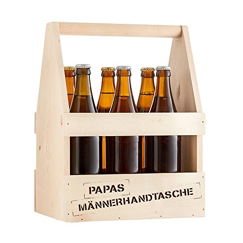 Flaschenträger mit Gravur – Papas Männerhandtasche – Standard – Flaschenkorb für Bier und Weinflaschen – Träger aus Holz für 6 Flaschen – Vatertagsgeschenk – Geburtstagsgeschenk