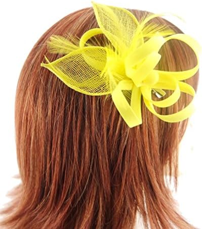 Stunning Crepe Looped Flower Hair Fascinator with Sinamay Leaves and matching Feathers finished on Sprung Clip (Bright Yellow)