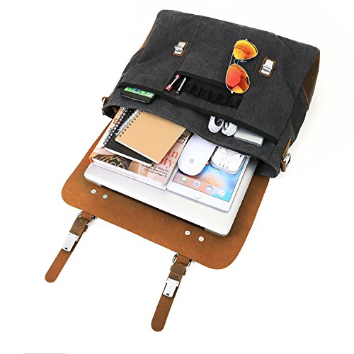 ECOSUSI Vintage Canvas Leder Aktentasche Umh  ngetasche Passt f  r Max 15 6  Laptop - Steckschnalle