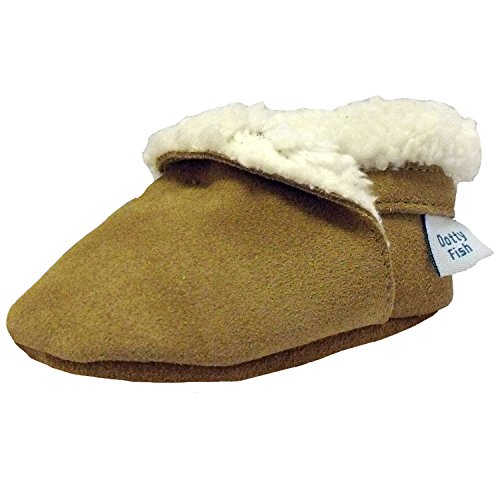 Soft suede baby slippers for boys or girls by Dotty Fish with Suede Soles. Tan 3-4 Years