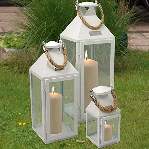 3tlg. Modernes Laternen-Set in Weiß H24/41/55cm Metalllaterne Gartenlaterne Laterne Windlicht mit Aufhängung Metallgestell mit Glasfenstern Kerzenhalter Gartenbeleuchtung Dekoration - 4