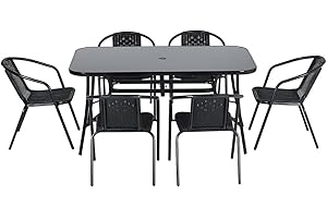 The Fellie Garden Furniture Set Outdoor Dining Table and Chairs Patio Tempered Glass Table Top with Umbrella Hole Wicker Stacking Chairs Seat（150cm Rectangle Table+6PC Chair）