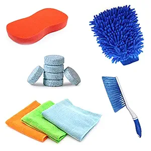 Kanya car Cleaning Accessories Kit Combo Pack (3Pcs Microfiber Cloth,250 GSM 40x40Cm/Washing Sponge/Hand Gloves/Brush/2 Pcs Magic Tablet) Car Washing Kit Pack