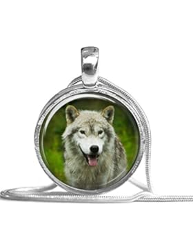Halskette aus Silber mit rundem Anhänger Motiv: Wolf Grauwolf sieht direkt in die Kamera (23) - Farbe: Silber