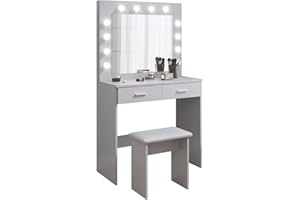 Jooli H Grey Dressing Table Set with Hollywood LED Lights Mirror, Vanity Makeup Table 2 Large Drawers and Stool