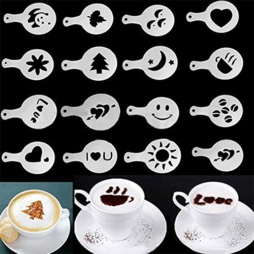 Ducomi® 16pcs Cappuccino Coffee Stencils Template Strew Flowers Pad Duster Spray Whit...