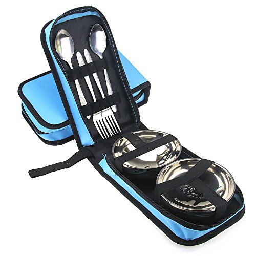 travelmall 6 pièces en acier inoxydable (Bol, Fourchette, Cuillère), de voyage et couverts de camping avec sac de transport pour 2 personnes