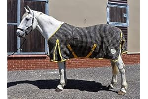 RUGGLES EQUESTRIAN Ruggles Waffle Rug for Heavy Horse Breeds - Shires Clydesdale Percheron etc | Smart Lightweight Summer Sheet with Tail Flap | Ideal for Stable Travel or Cooling/Drying Off (Navy/yellow check 6' 9")